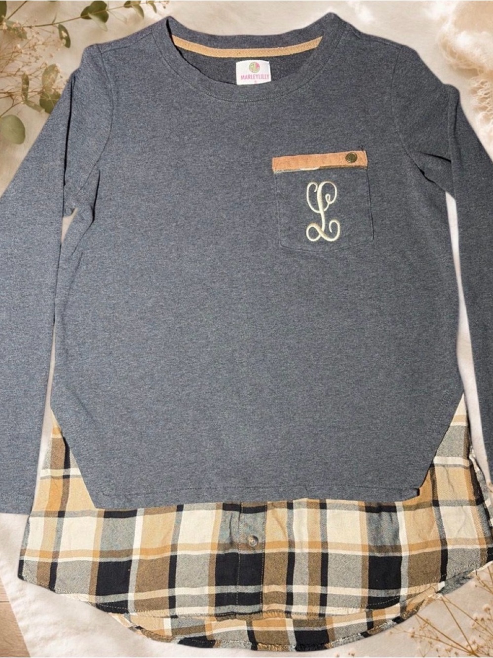 Marley Lilly Gray Long Sleeve Tunic with Plaid Hem
